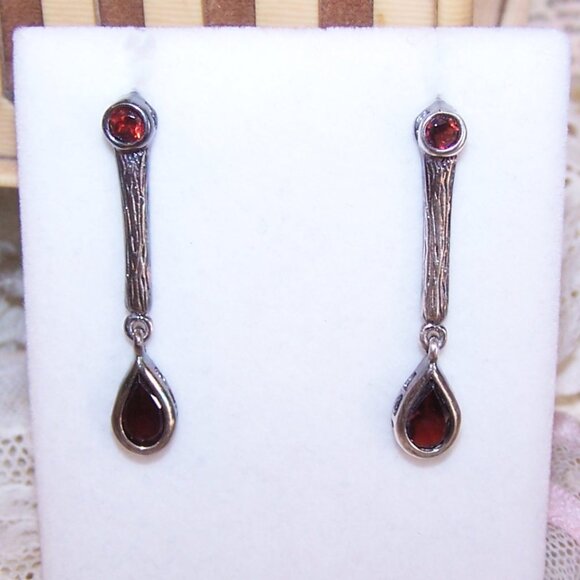 Vintage Sterling Silver Garnet Dangle Earrings - Posts with Nuts - Picture 2 of 9